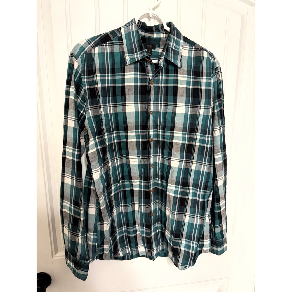 J. Crew‎ Button Down Shirt Mens Medium Teal Plaid Long Sleeve Cotton